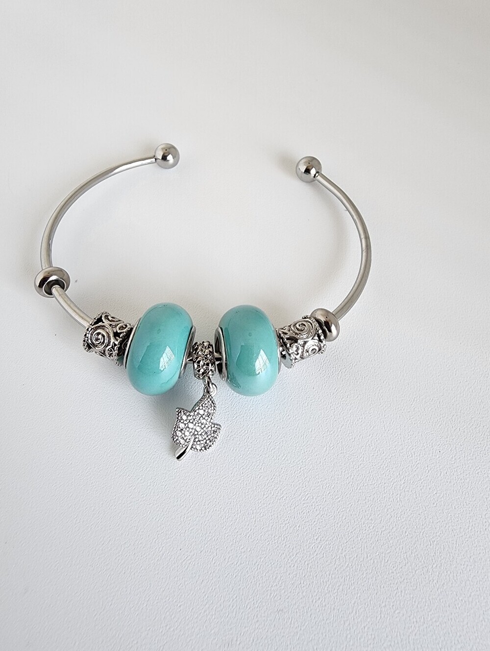 Silver Tone Charm Cuff Bracelet Turquoise Beads Butterfly Dangle Adjustable